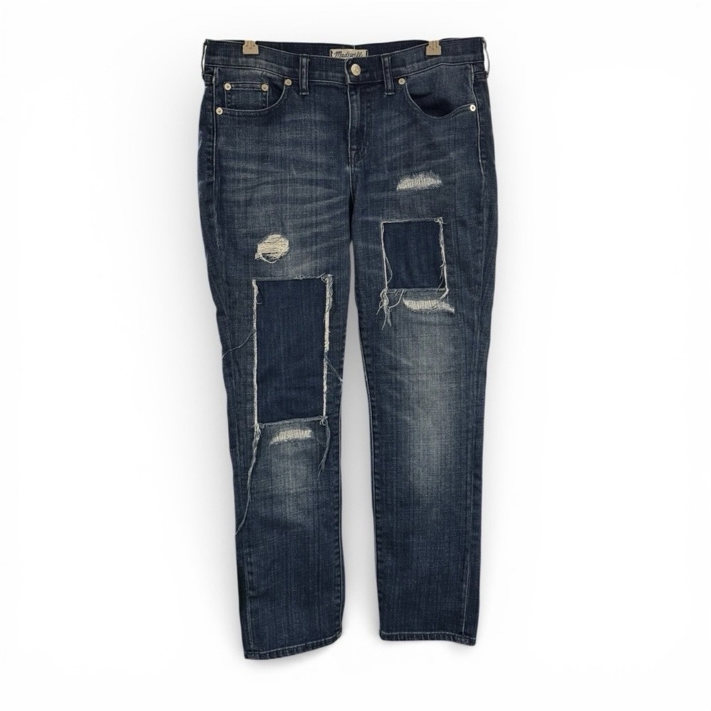 Madewell Slim Boyjean Jeans 29 Distressed Patchwork Dark Wash Denim Boyfriend